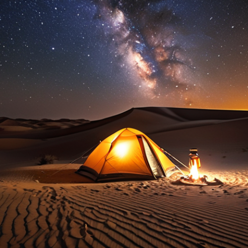 Home 11 **Prompt 1 (Night Camp & Stargazing):**
"A majestic and serene desert night in the vast Kuwaiti desert. A sturdy 4-season tent, glowing softly with warm light from within, stands under an incredibly clear, star-studded sky, with the Milky Way vividly visible. A cozy sleeping bag is partially seen inside the tent, suggesting comfort. A small, inviting campfire glows nearby, casting gentle light on the surrounding sand dunes. The atmosphere is peaceful, awe-inspiring, and reflective of a safe, comfortable retreat in the cold desert night."