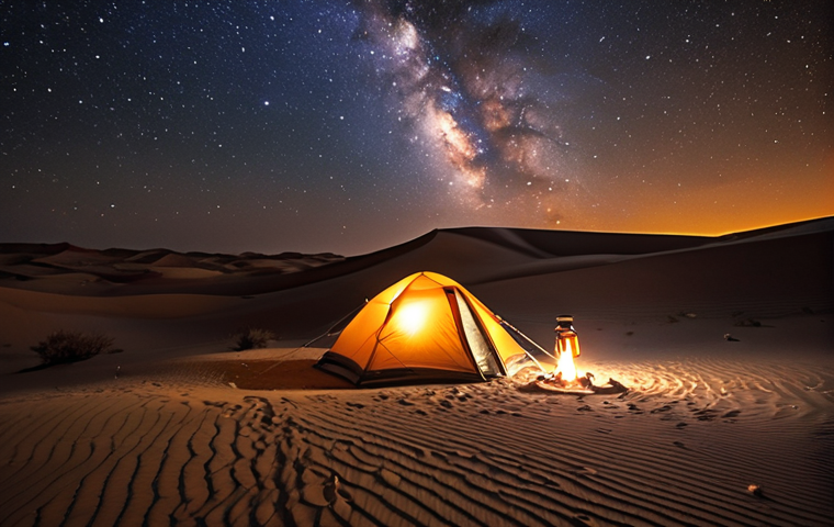 **Prompt 1 (Night Camp & Stargazing):**
"A majestic and serene desert night in the vast Kuwaiti desert. A sturdy 4-season tent, glowing softly with warm light from within, stands under an incredibly clear, star-studded sky, with the Milky Way vividly visible. A cozy sleeping bag is partially seen inside the tent, suggesting comfort. A small, inviting campfire glows nearby, casting gentle light on the surrounding sand dunes. The atmosphere is peaceful, awe-inspiring, and reflective of a safe, comfortable retreat in the cold desert night."