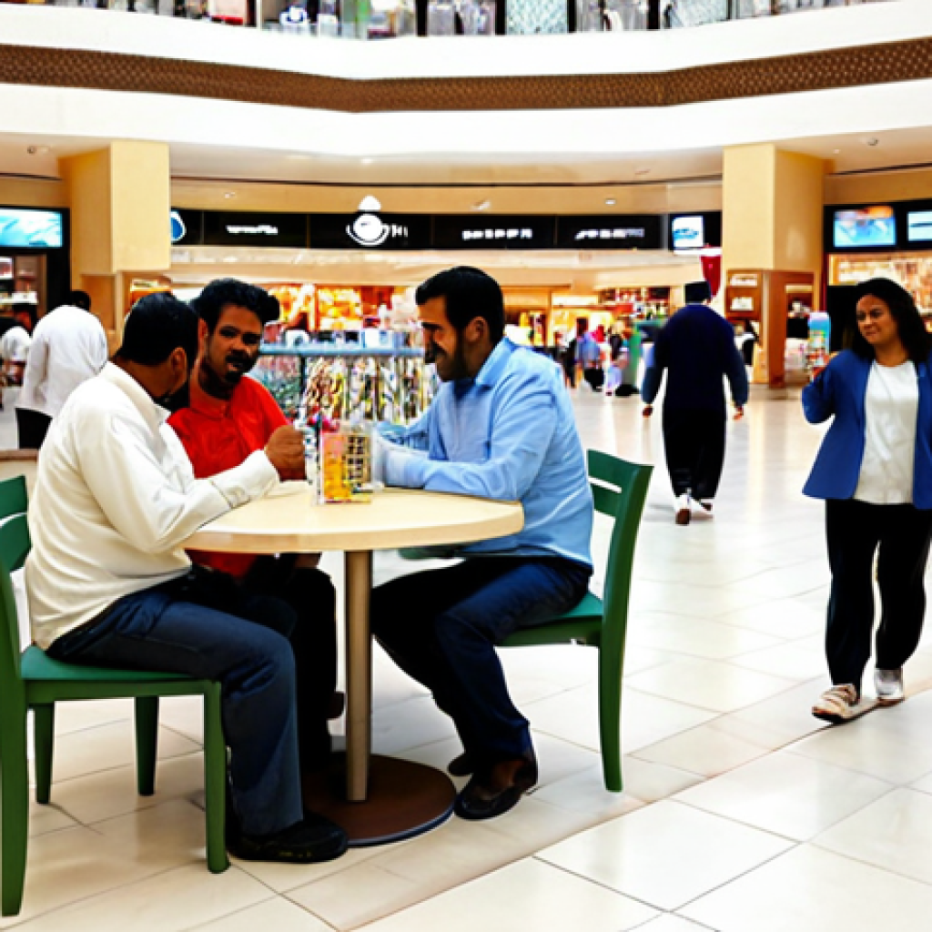 A diverse group of adults and families, fully clothed in modest, light-colored professional and casual attire, enjoying various indoor leisure activities in a spacious, air-conditioned modern shopping mall in Kuwait. Some are sipping water from bottles, others are browsing shops or sitting at cafes. The atmosphere is comfortable and family-friendly, reflecting daily life adaptations to extreme summer heat. Natural pose, perfect anatomy, correct proportions, well-formed hands, proper finger count. High-quality professional photography, safe for work, appropriate content.