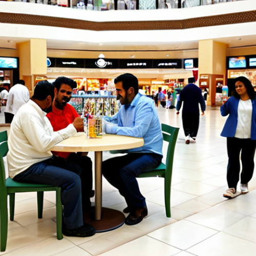 Home 6 A diverse group of adults and families, fully clothed in modest, light-colored professional and casual attire, enjoying various indoor leisure activities in a spacious, air-conditioned modern shopping mall in Kuwait. Some are sipping water from bottles, others are browsing shops or sitting at cafes. The atmosphere is comfortable and family-friendly, reflecting daily life adaptations to extreme summer heat. Natural pose, perfect anatomy, correct proportions, well-formed hands, proper finger count. High-quality professional photography, safe for work, appropriate content.