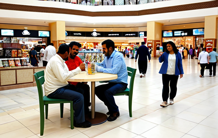 A diverse group of adults and families, fully clothed in modest, light-colored professional and casual attire, enjoying various indoor leisure activities in a spacious, air-conditioned modern shopping mall in Kuwait. Some are sipping water from bottles, others are browsing shops or sitting at cafes. The atmosphere is comfortable and family-friendly, reflecting daily life adaptations to extreme summer heat. Natural pose, perfect anatomy, correct proportions, well-formed hands, proper finger count. High-quality professional photography, safe for work, appropriate content.