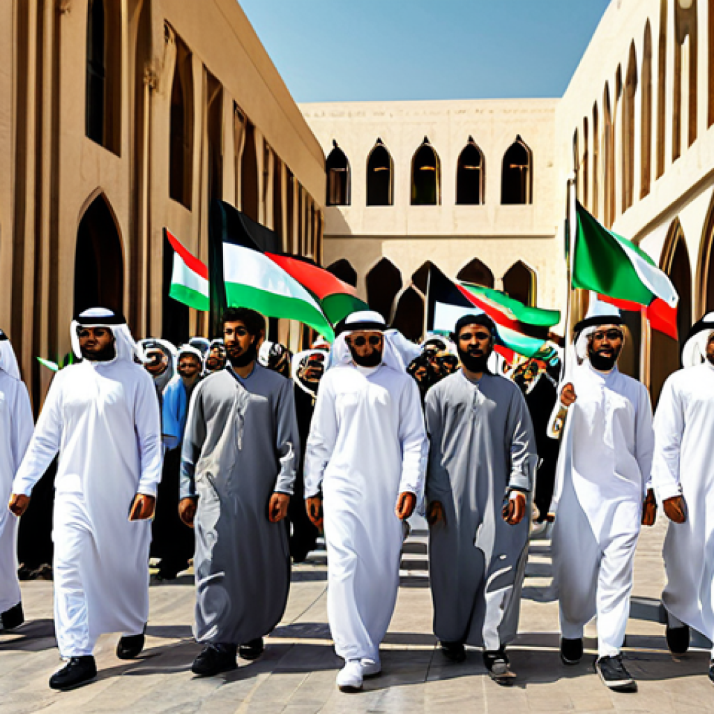 쿠웨이트의 독립 역사 - Youthful Determination**

"A group of fully clothed Kuwaiti youth marching in peaceful protest, hold...