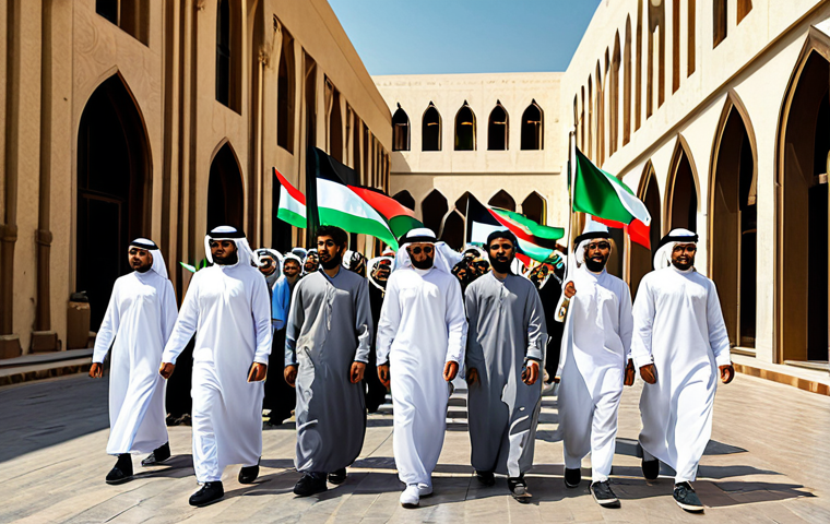 쿠웨이트의 독립 역사 - Youthful Determination**

"A group of fully clothed Kuwaiti youth marching in peaceful protest, hold...