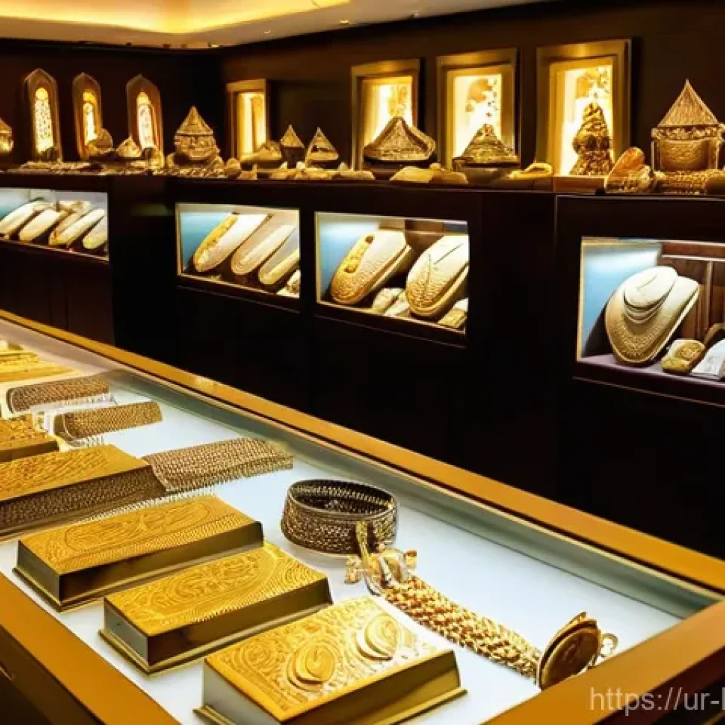 쿠웨이트에서 금 수공예품 쇼핑하기 - **Prompt:** A vibrant, bustling scene inside a traditional Kuwaiti "Gold Souk" (Sūq al-Dhahab). The ...