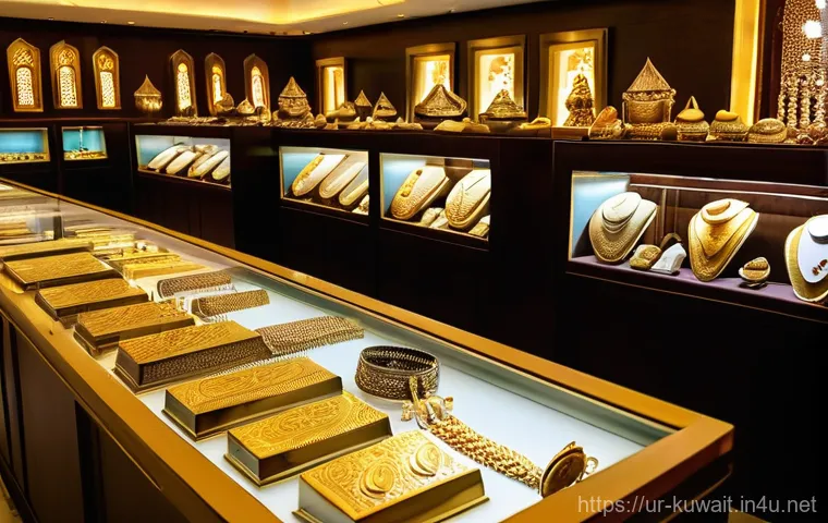 쿠웨이트에서 금 수공예품 쇼핑하기 - **Prompt:** A vibrant, bustling scene inside a traditional Kuwaiti "Gold Souk" (Sūq al-Dhahab). The ...
