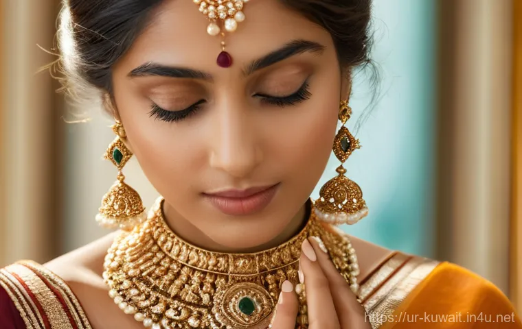 쿠웨이트에서 금 수공예품 쇼핑하기 - **Prompt:** A vibrant, bustling scene inside a traditional Kuwaiti "Gold Souk" (Sūq al-Dhahab). The ...