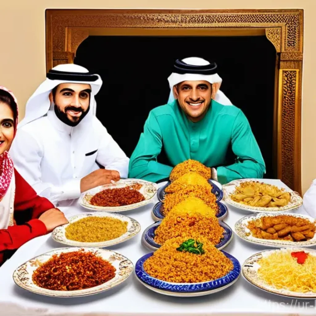 쿠웨이트 명절 음식 - **Festive Kuwaiti Machboos Feast**
    An intricately detailed image capturing a joyful Kuwaiti fami...