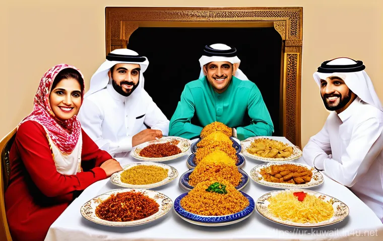 쿠웨이트 명절 음식 - **Festive Kuwaiti Machboos Feast**
    An intricately detailed image capturing a joyful Kuwaiti fami...