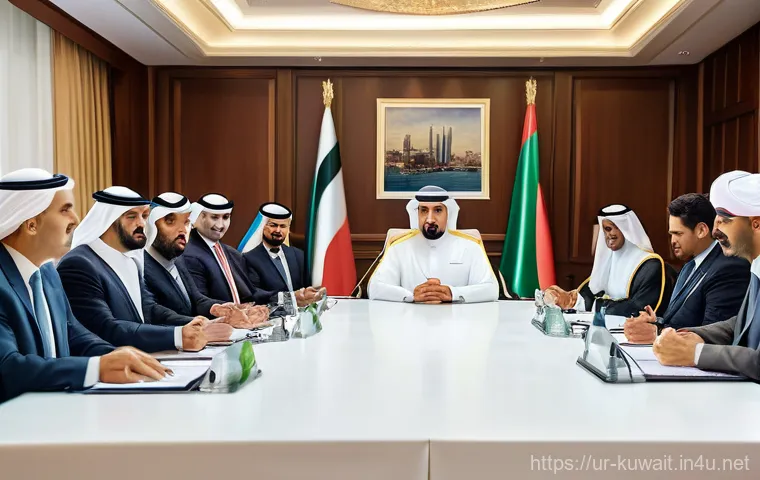 쿠웨이트 외교 관계 분석 - **Prompt:** A dynamic scene depicting Kuwait's role as a neutral mediator in a modern, elegant diplo...