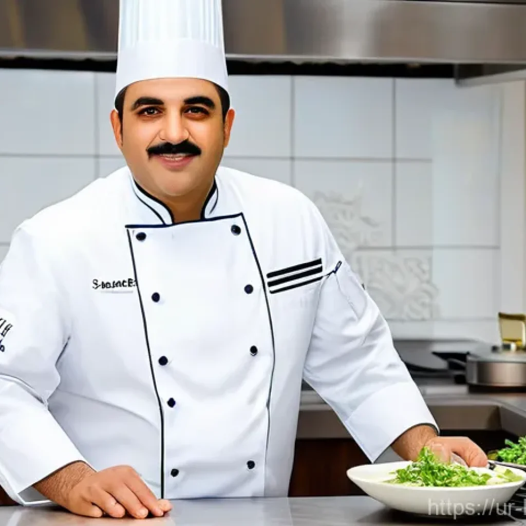 쿠웨이트 유명 셰프 - **Prompt: "A masterful male Kuwaiti chef, mid-40s, with a warm, focused expression, wearing a pristi...