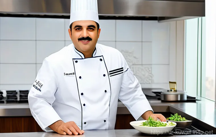 쿠웨이트 유명 셰프 - **Prompt: "A masterful male Kuwaiti chef, mid-40s, with a warm, focused expression, wearing a pristi...