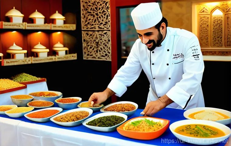 쿠웨이트 유명 셰프 - **Prompt: "A stunning close-up, high-angle shot of an exquisitely plated traditional Kuwaiti 'Harees...