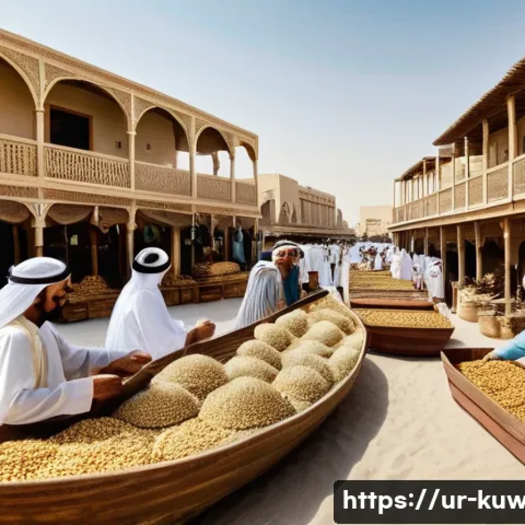 쿠웨이트의 펄 다이빙 역사 - **A Vibrant Pearl Trading Hub in Historical Kuwait:**
    A bustling outdoor market scene in 19th-ce...