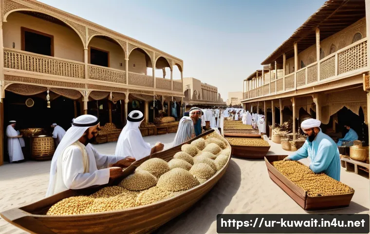 쿠웨이트의 펄 다이빙 역사 - **A Vibrant Pearl Trading Hub in Historical Kuwait:**
    A bustling outdoor market scene in 19th-ce...