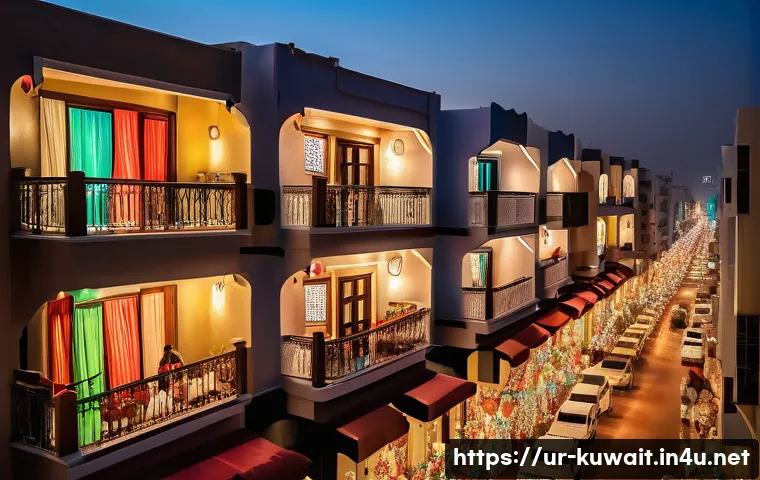 쿠웨이트 독립기념일 축제 - A vibrant Kuwaiti neighborhood decorated for National Day, with colorful traditional lanterns, Kuwai...