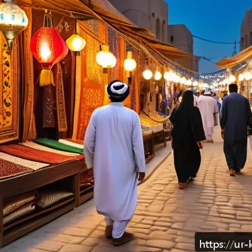 쿠웨이트 전통 시장 방문 가이드 - A vibrant, bustling traditional Kuwaiti souq scene during the evening in autumn, featuring narrow ma...