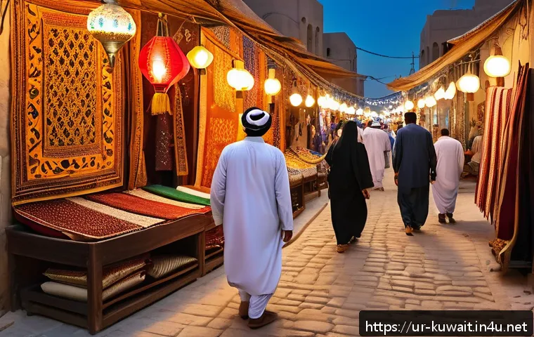 쿠웨이트 전통 시장 방문 가이드 - A vibrant, bustling traditional Kuwaiti souq scene during the evening in autumn, featuring narrow ma...