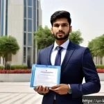 Home 20 쿠웨이트로의 이민 요건 - A professional scene depicting a young South Asian man in formal business attire, holding verified e...