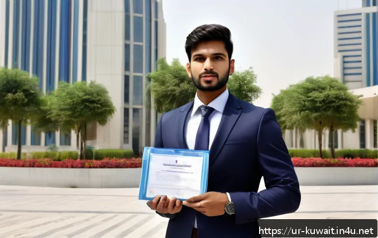 쿠웨이트로의 이민 요건 - A professional scene depicting a young South Asian man in formal business attire, holding verified e...