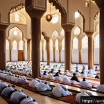 Home 19 쿠웨이트에서 금요일 기도 체험하기 - A serene scene inside a Kuwaiti mosque during Friday prayer, featuring a diverse group of men and bo...