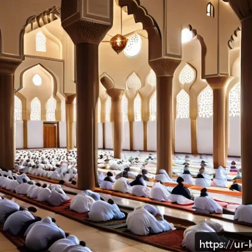 Home 31 쿠웨이트에서 금요일 기도 체험하기 - A serene scene inside a Kuwaiti mosque during Friday prayer, featuring a diverse group of men and bo...