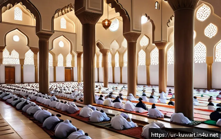 쿠웨이트에서 금요일 기도 체험하기 - A serene scene inside a Kuwaiti mosque during Friday prayer, featuring a diverse group of men and bo...