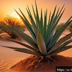 Home 18 쿠웨이트 내 사막 생태계 - A detailed scene of Kuwaiti desert plants at sunset, showcasing a variety of native species like Zag...