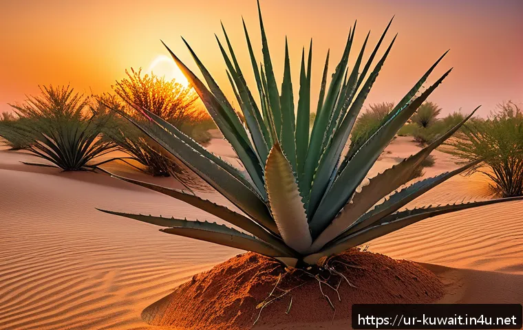 쿠웨이트 내 사막 생태계 - A detailed scene of Kuwaiti desert plants at sunset, showcasing a variety of native species like Zag...