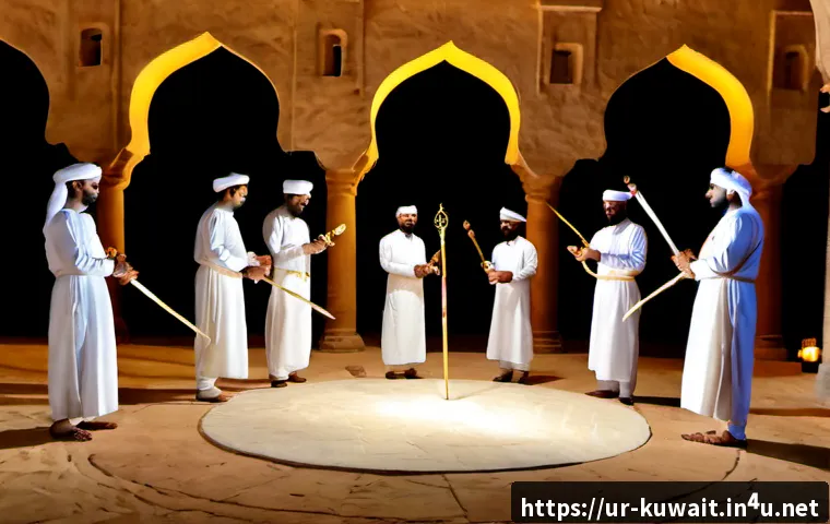 쿠웨이트 전통 춤 - Photorealistic Kuwaiti traditional Ardha dance performance at a warm evening heritage festival, dign...